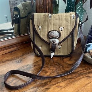 Southwestern/Western Embroidered Cow Skull Bag, Metal Buckle Clasp, Leather Trim